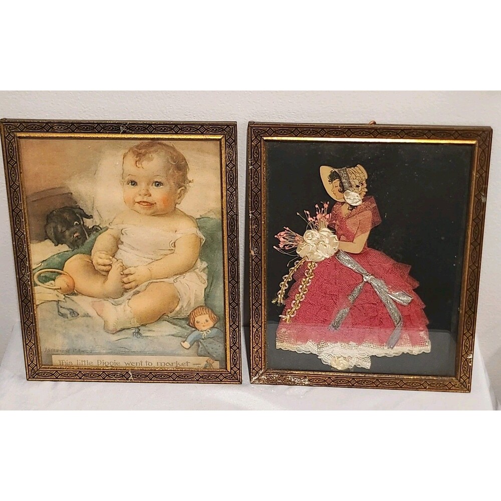 Vintage Ribbon Art Girl & Baby Print Pictures In Matching Vintage Frames